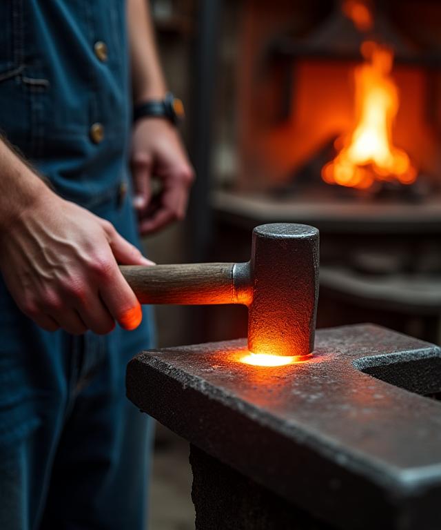 A smith hammering a piece of glowing metal in the workshop.