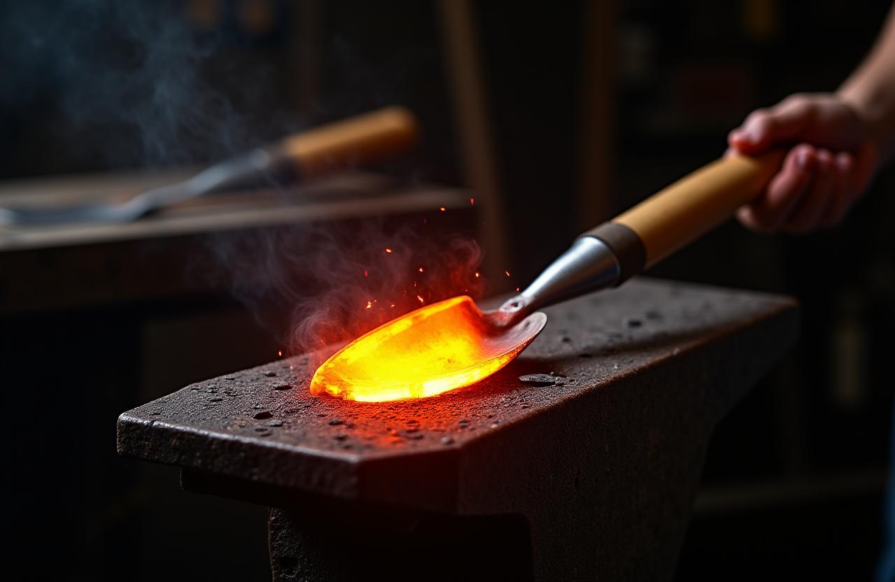 A freshly forged garden tool glowing on an anvil.