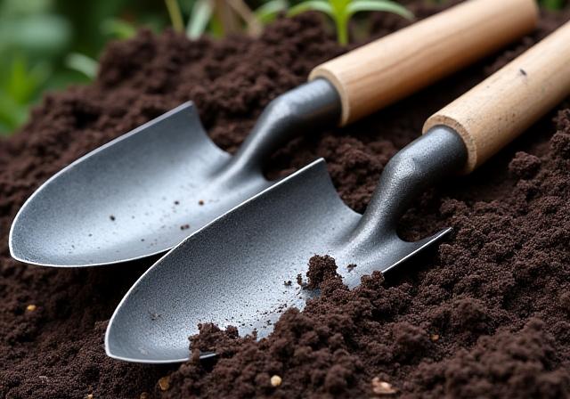 A hand-forged trowel and garden fork resting on rich soil.