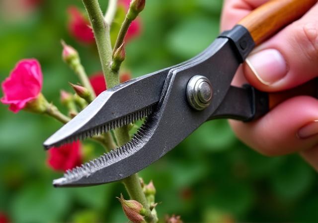 A pair of hand-forged secateurs trimming a rose bush.