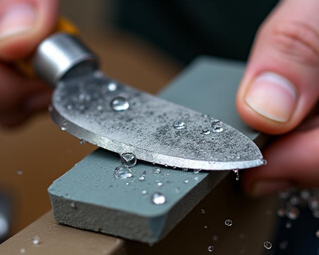 A sharpening stone being used to hone the edge of a spade.